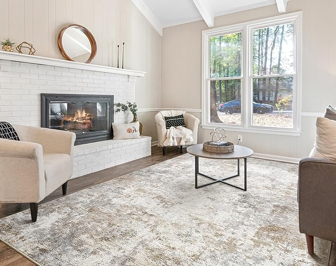 UERMEI 9x12 Area Rug Living Room Rugs - Washable Neutral Modern Abstract Soft Thin Large Rug Indoor Floor No Slip Rug Carpet for Bedroom Under Dining Table Home Office Decor - Brown Grey