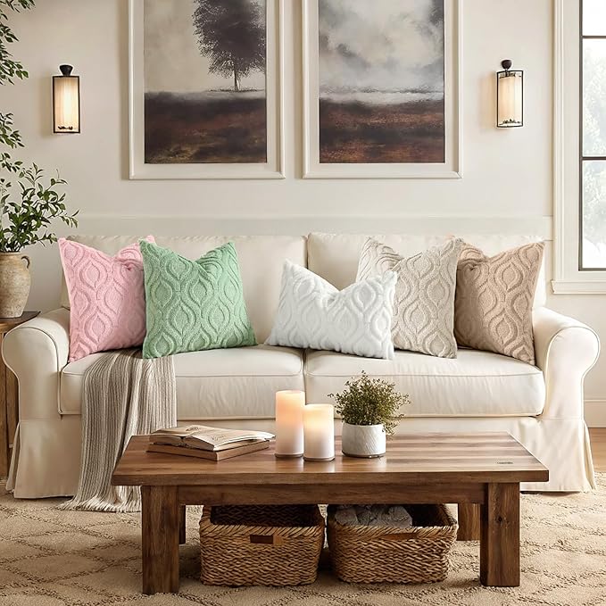 decorUhome Throw Pillow Covers 18x18 Inch Set of 2, Soft Plush Faux Wool Pink Solid Couch Pillow Covers, Accent Farmhouse Neutral Square Pillow Cases for Sofa Bed Living Room