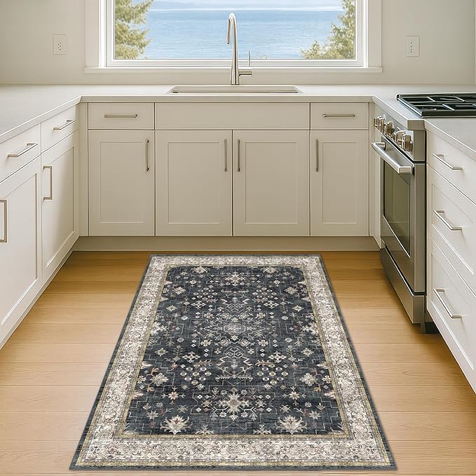 Boho Washable 4x6 Entryway Rug - Non-Slip Low Pile Geometric Area Rug for Living Room, Large Kitchen, Bedroom, Office - Ultra Soft Dark Modern Aesthetic Decor, Black & Multi