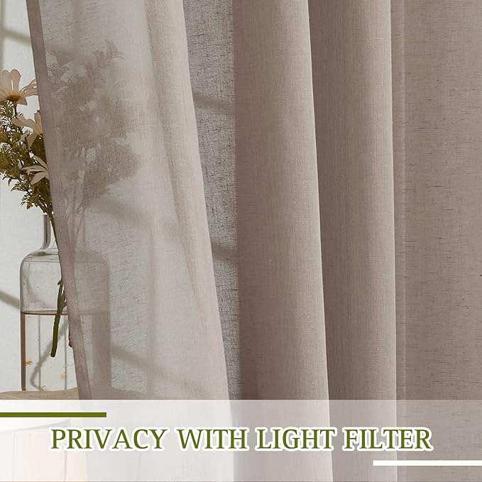 NICETOWN Sheer Linen Curtains 108" Long for Windows, (Burlap) Grommet Top Privacy Semi Sheer Privacy with Light Filtering Drapes for Bedroom/Living Room, W52 x L108, Set of 2
