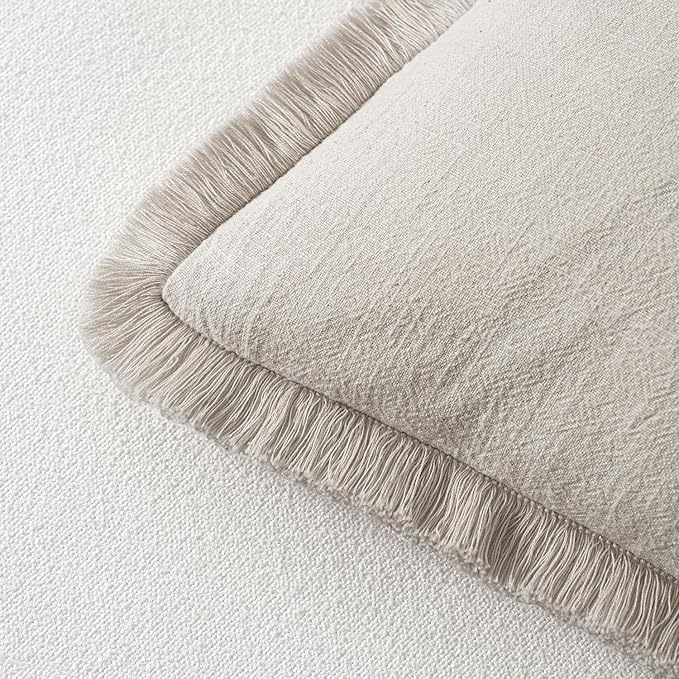 MIULEE Decorative Throw Pillow Covers Neutral Linen Fringe Throw Pillows Set of 2 Natural Beige Boho Farmhouse Cushion Covers with Tassels for Couch Sofa Bed Spring Home Decor 20x20 Inch