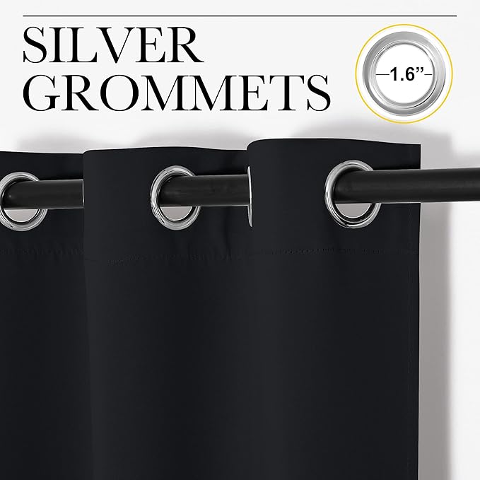 NICETOWN Bathroom Blackout Curtains and Drapes, 2 Panels, 55 inches Wide by 57 inches Long, Black Solid Thermal Insulated Grommet Blackout Drapery Panels for Window