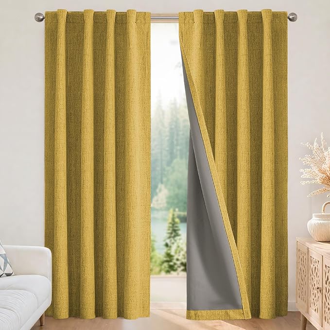 Joydeco Blackout Curtains for Bedroom - 90 Inch Long 100% Light Blocking 2 Panels Set Yellow Drapes, Thermal Insulated Room Darkening Curtains, Linen Textured for Living Room, Rod Pocket & Back Tabs