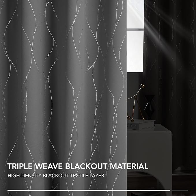 Deconovo Kitchen Curtains, Short Blackout Drapes 42 x 45 Inch, Thermal Insulated Soundproof Grommet Drape, Silver Wave Dots Foil Print Curtain for Small Windows, Living Room, Light Grey, Set of 2