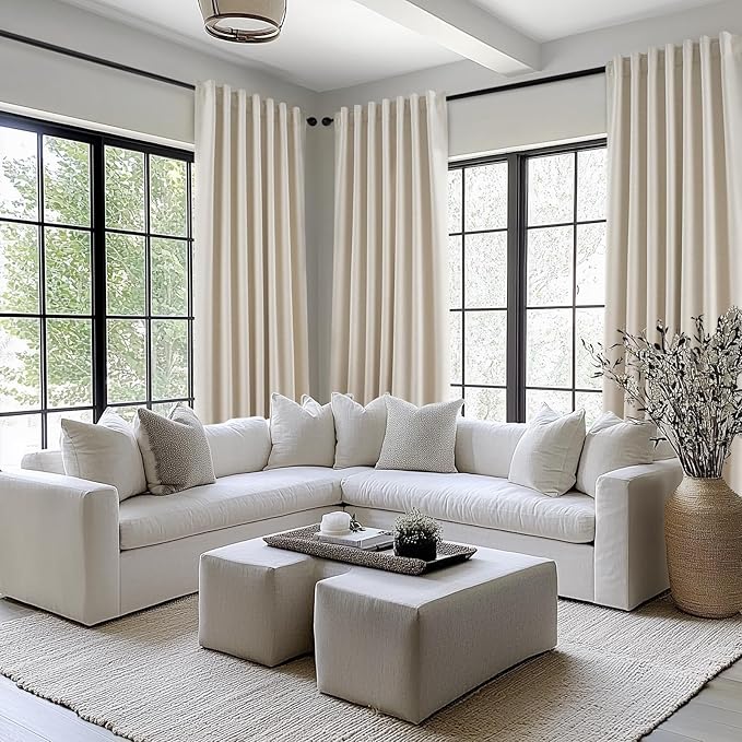 Topfinel Linen Blackout Curtains 86 Inches Long for Bedroom 2 Panels Set 100% Blackout Drapes for Living Room Window Treatment Modern Farmhouse Back Tab Rod Pocket Beige White Drapes