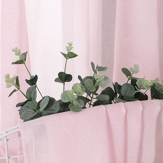Tollpiz Short Sheer Tier Curtains Linen Textured Half Kitchen Curtain Sheers Light Filtering Rod Pocket Voile Small Curtain for Bathroom, 25 x 24 inches Long, Pink, Set of 2 Panels