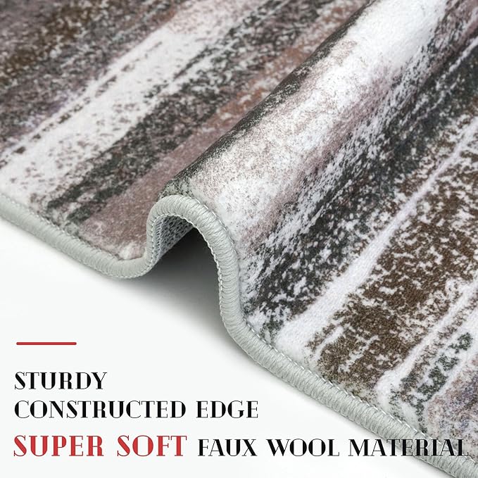 Lansny Modern Abstract Runner Rug 2.6x8, Dark Light Brown White Washable Kitchen Runner Non-Slip Soft Hallway Rug Runner Thin Print Faux Wool Carpet for Entryway Bedroom Laundry Room Indoor