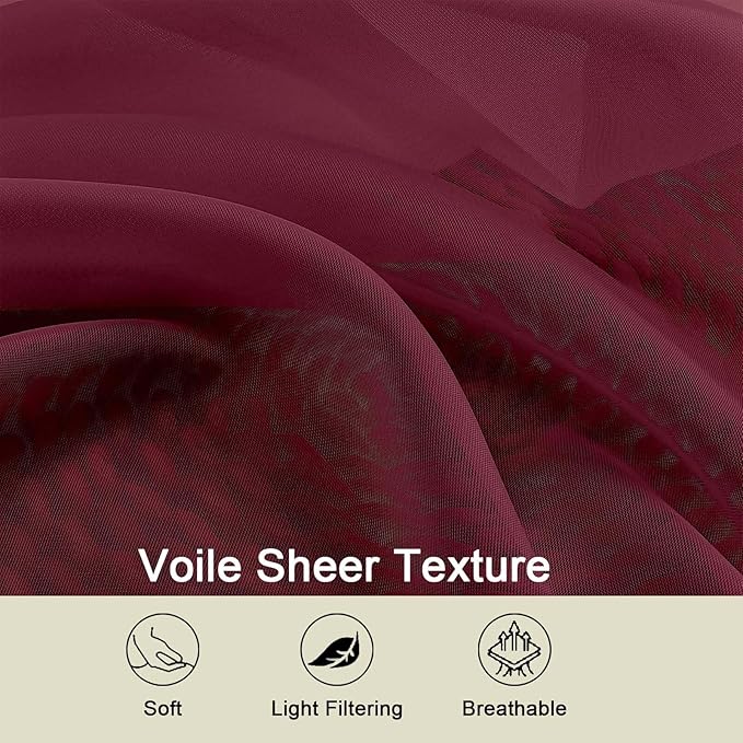 Extra Long Sheer Burgundy Curtains for Bedroom Living Room 120 Inches Long 2 Panels Set, Solid Soft Light Filtering Rod Pocket Sheer Window Curtains, Burgundy, Each 42" Wx120 L Inch