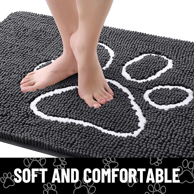 Smiry Dog Door Mat for Muddy Paws, Absorbent Dirt Trapper Non Slip Quick Dry Washable Chenille Mat for Mud Dogs, Entry Rug for Indoor and Outdoor (30x20 Inches, Dark Grey and White)