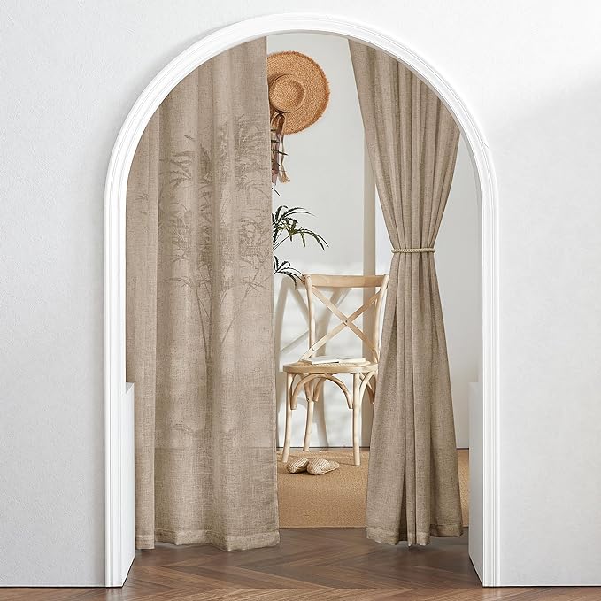 RYB HOME Khaki Linen Curtains 95 inches, Rod Pocket & Back Tab Linen Blend Boho Elegant Light Filtering Stain Resistant Privacy Protected Panels for Dining Room, 52" W, 2 Panels