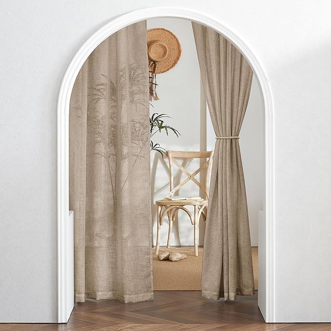 RYB HOME Semi Sheer Linen Blend Curtains - Back Tab 70 inches Widith Light Filtering Half Privacy Home Decor for Long Windows Living Room Bedroom Nursery, W 70 x L 84 inch, 2 Pcs, Khaki