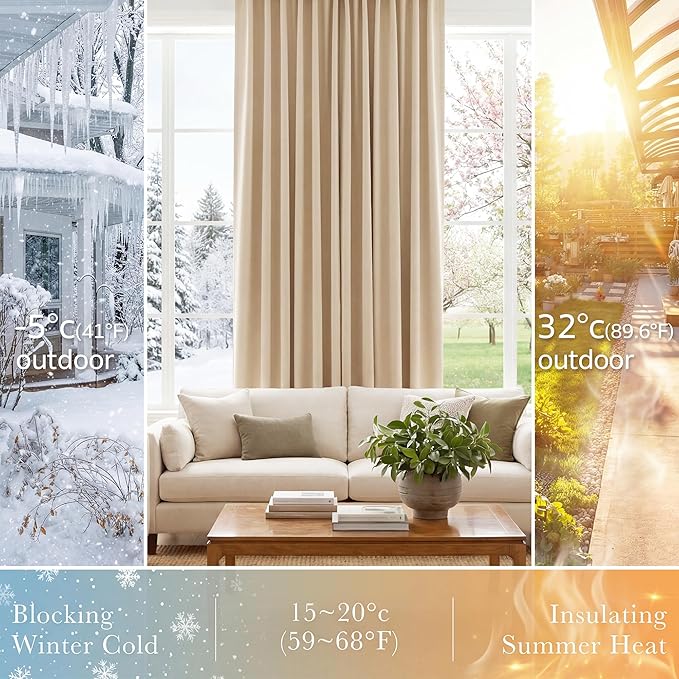 PONY DANCE Short Beige Blackout Curtains for Kitchen Over Sink, Window Drapes Small Soft Rod Pocket Draperies/Window Treatments for Nursery Bedroom, W 42 x L 45 Inches, Biscotti Beige, 2 Panels