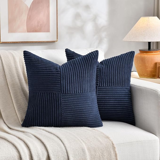 Fancy Homi 2 Packs Navy Blue Decorative Throw Pillow Covers 22x22 Inch for Living Room Couch Bed Sofa, Rustic Farmhouse Boho Home Decor, Soft Corss Corduroy Patchwork Accent Cushion Case 55x55 cm