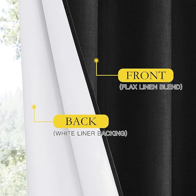 NICETOWN Vintage Open Linen Weave Flax Thermal Curtains, 100% Blackout Curtains 120 inches Long for Dining Room, Soundproof Window Treatment Drapes for Hall Room, Black, 52" Wide Per Panel, Set of 2