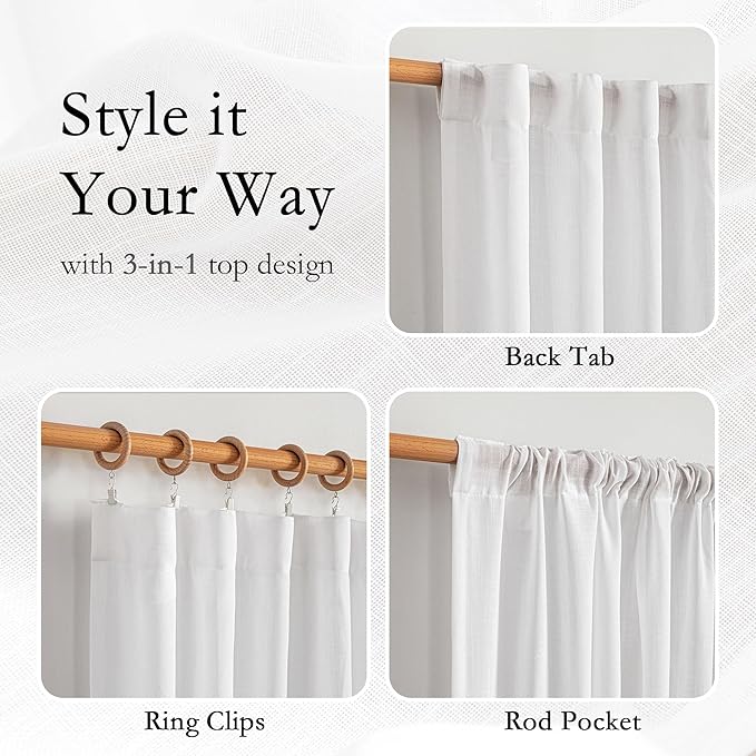 MYSKY HOME White Linen Curtains 96 Inches Long for Sliding Glass Door Semi Sheer Curtains Light Filtering Drapes Living Room Window Treatment Soft Boho Farmhouse Style, Pure White, 50" x 96", 2 Panels