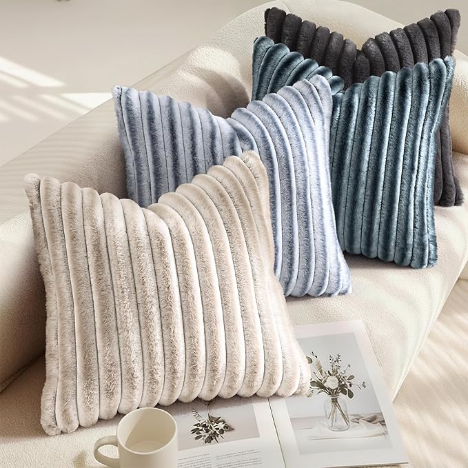 decorUhome Cozy Faux Fur Throw Pillow Covers 24x24 Set of 2 Decorative Soft Plush Striped Modern Farmhouse Boho Couch Euro Sham Pillow Cases with Velvet Back for Sofa Bed Living Room, Grey White