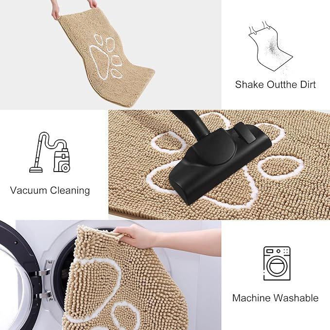 Smiry Dog Door Mat for Muddy Paws, Absorbent Dirt Trapper Non Slip Quick Dry Washable Chenille Mat for Mud Dogs, Entry Rug for Indoor and Outdoor (45x27 Inches, Beige and White)