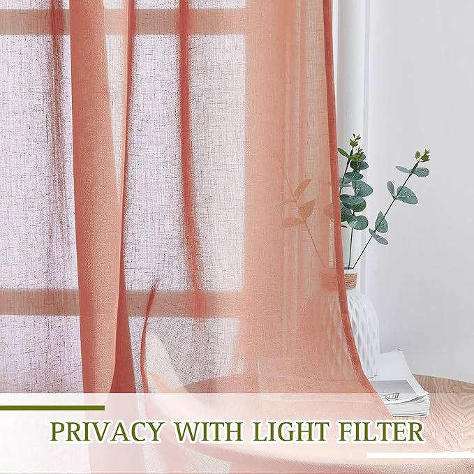 NICETOWN Washed Linen Curtains for Window, Grommet Natural Linen Semi Sheer Window Treatment Privacy with Light Filter Vertical Drapes for Bedroom, Terracotta=Burnt Orange, 2 Panels, W52 x L63