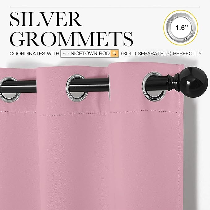 NICETOWN Rouge Pink Blackout Curtain Panels 48 inch Long Set of 2 for Bedroom, Thermal Insulated Grommet Top Light Blocking Draperies and Drapes for Basement (W34)