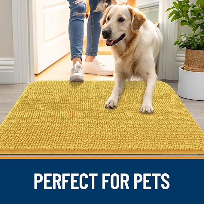 OLANLY Dog Door Mat for Muddy Paws 32x20, Absorbs Moisture and Dirt, Absorbent Non-Slip Washable Doormat, Quick Dry Chenille Mud Mat for Dogs, Entry Indoor Entryway Carpet for Inside Floor, Yellow