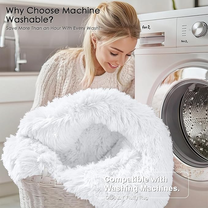 OLANLY 3x3 Machine Washable Small Bedside Rug, Soft Fluffy Shaggy Entryway Throw Rugs for Bedroom, Living Room, Indoor Floor Carpet for Kids Girls and Boys, Nursery Rooms, Home Decor Aesthetic, White
