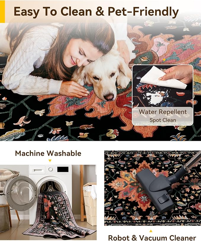Area Rugs 2'x5' Runner Rug Non Slip Washable for Kitchen Hallway Bedroom Beside Laundry Room Bathroom Rug, Floor Carpet, Black Colorful Floral Dark Tan