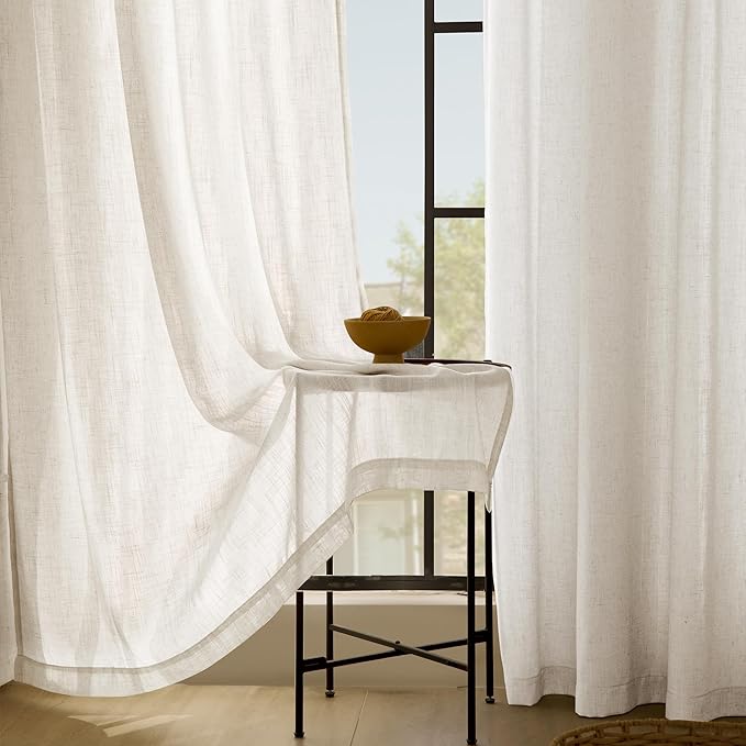 Extra Long 120 inch Curtains Linen Blend for Living Room Back Tab Neutral Rustic Farmhouse Light Filtering Semi Sheer Linen Drapes 120 inch Ceiling to Floor For Large Window Villa Hallway Ivory 10 FT