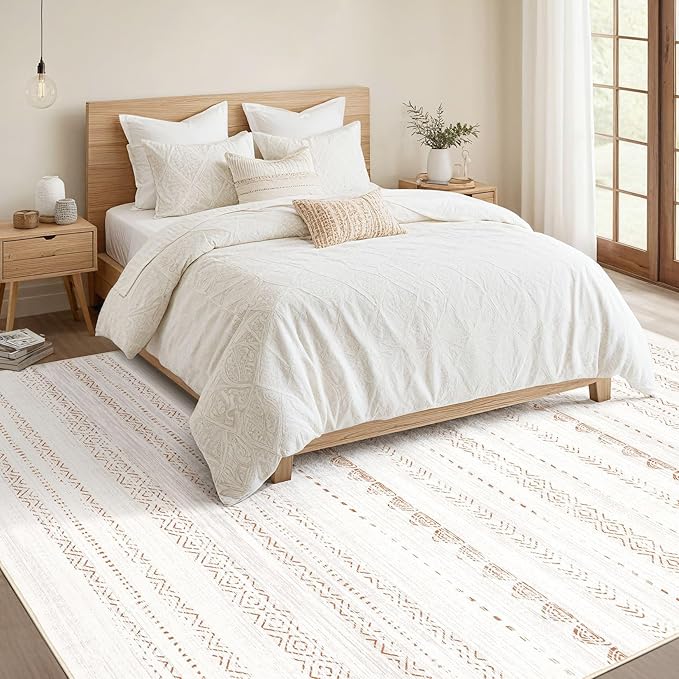 Nakagishi Area Rug Living Room Rugs: 6x10 Large Soft Machine Washable Boho Moroccan FarmNeutral Stain Resistant Indoor Floor Carpet for Bedroom Under Dining Table Home Office Decor-Cream Brown