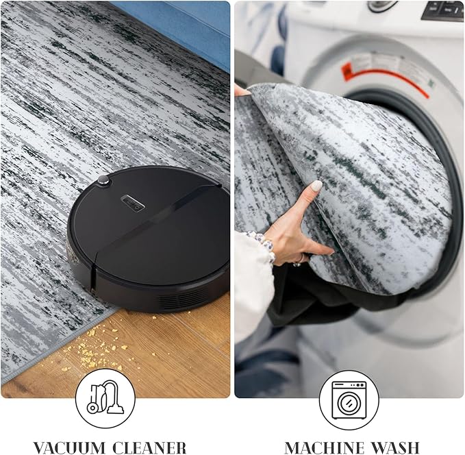 Lansny Modern Abstract Runner Rug 2x12, Black Grey White Washable Long Kitchen Runner Non-Slip Soft Hallway Rug Runner Thin Print Faux Wool Carpet for Entryway Bedroom Laundry Room Indoor Home Decor