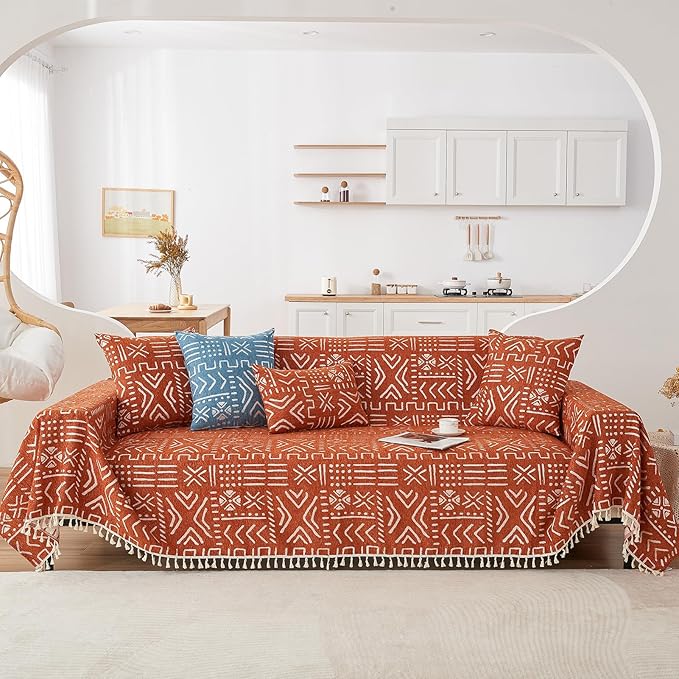HANDONTIME Boho Aztec Sofa Slipcovers for Sofa/Couch Farmhouse Geometric Couch Protector for Dogs with Tassel Brick Orange Dog Couch Cover Sectional Sofa Cover Bohemian Decor for Sofa, 71" X118"