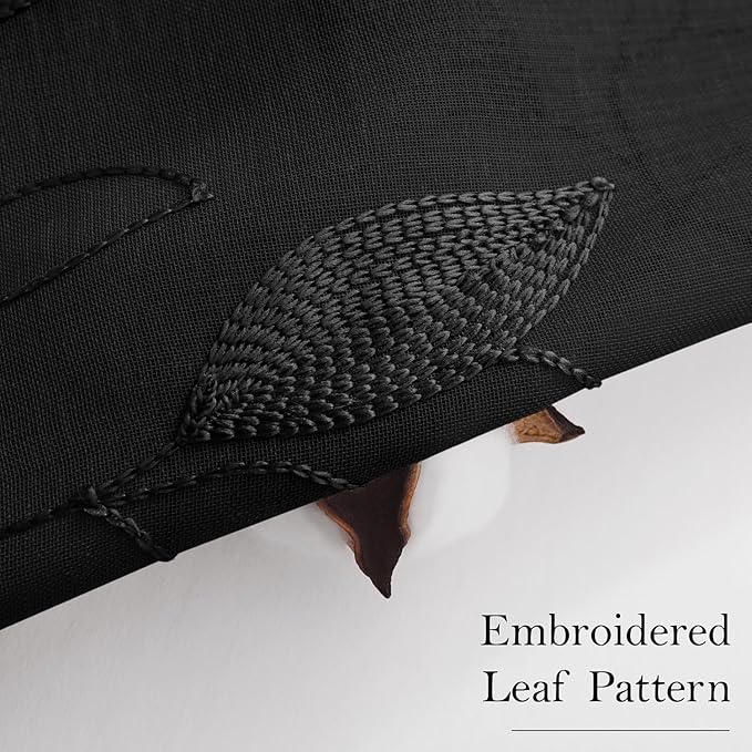 HOMEIDEAS Black Sheer Curtains 52 X 84 Inches Length 2 Panels Black Embroidered Leaf Pattern Gothic Faux Linen Floral Semi Sheer Voile Window Curtains/Drapes for Bedroom Living Room