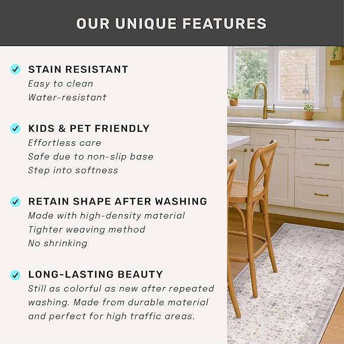 Hazo Haus Light Gray Washable 2'6"x10' Wide Hallway Runners, Kitchen Runner Rug, Non-Slip & Stain Resistant 10ft Long Floor Rug, Neutral Boho Floral Décor