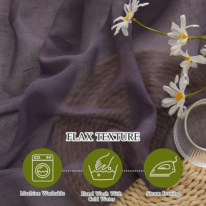 NICETOWN Faux Linen Sheer Curtains for Living Room, Grommet Elegant Semi Sheer Curtains Privacy Light Filtering Vertical Drapes for Girl's Room/Bedroom, W70 x L96, Purple Brown, 1 Pair