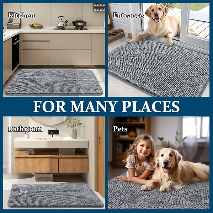 OLANLY Dog Door Mat for Muddy Paws 30x20, Absorbs Moisture and Dirt, Absorbent Non-Slip Washable Doormat, Quick Dry Chenille Mud Mat for Dogs, Entry Indoor Entryway Carpet for Inside Floor, Grey