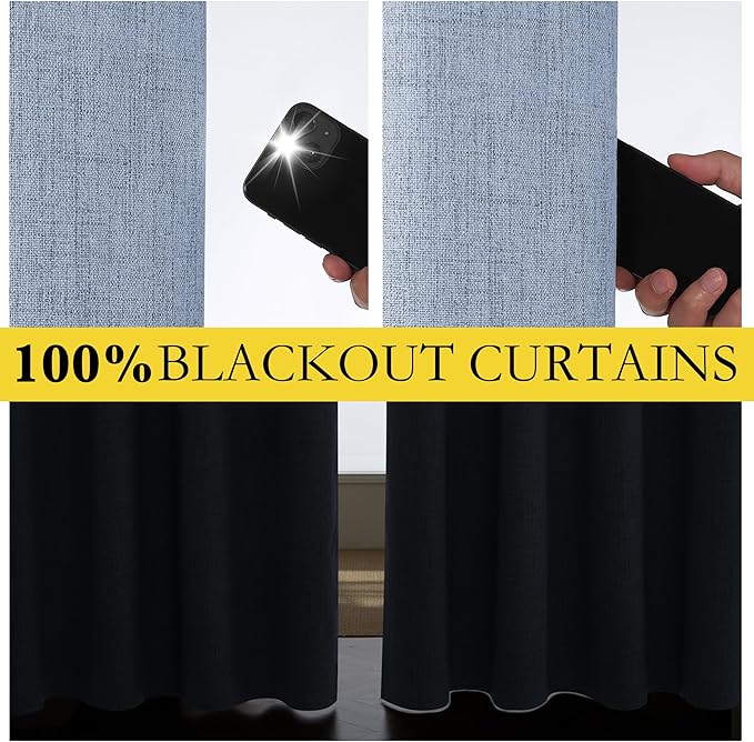NICETOWN Stone Blue Vintage Linen 100% Blackout Curtains for Living Room, Thermal Insulated Curtains 102“ Long, Noise Reducing Window Treatment Drapes for Home Office, 62" Wide Per Panel, Set of 2