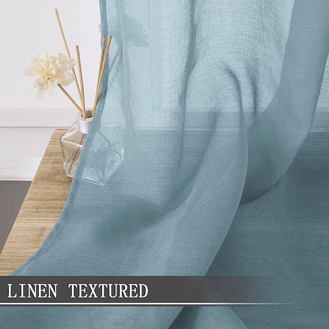 Tollpiz Sheer Curtains Bedroom Linen Textured Curtain Sheers Light Filtering Voile Rod Pocket Curtains for Living Room, 38 x 84 inches Long, Dusty Blue, Set of 2 Panels