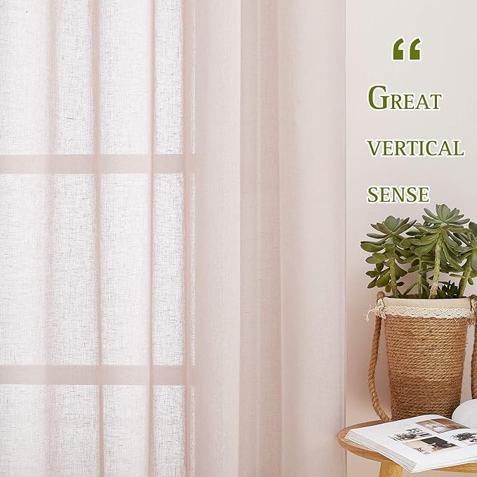 NICETOWN Semi Sheer Rich Linen Curtains Flax Texture, Grommet Vertical Thick Enough to Keep Privacy Sheer Window Treatment for Girl's/Princess Bedroom, W52 x L45, 1 Pair, Dusty Blush
