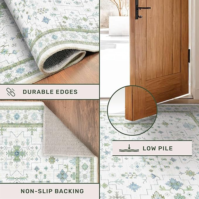 Hazo Haus Washable Oushak 2x8 Bathroom Runner Rug - Vintage Turkish Floral 8ft Long Low Pile Non Slip Runners for Kitchen, Hallway - Cream Blue and Green