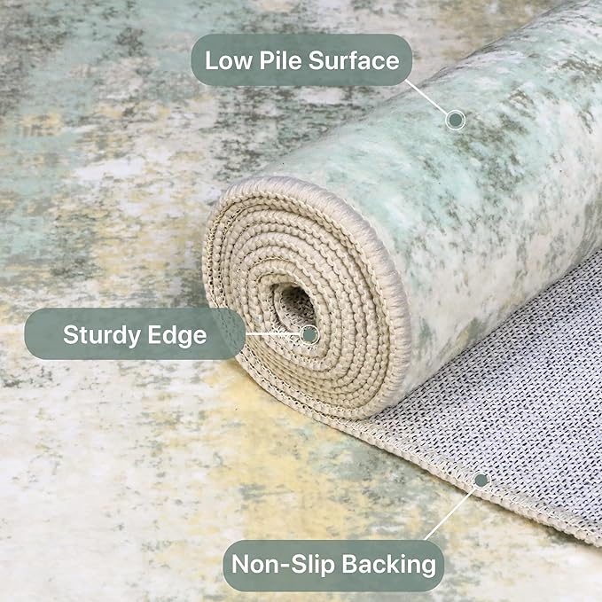 Round Rugs 8FT for Living Room Bedroom, Modern Abstract Machine Washable Circle Rug, Soft Low Pile Floor Cover with Non Slip Backing for Dining Room, Light Green