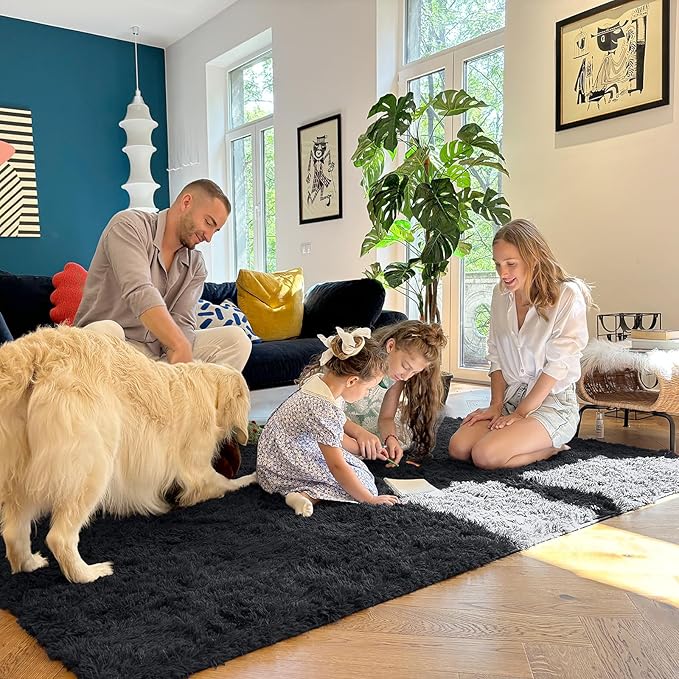 OLANLY 5x10 Machine Washable Large Area Rugs for Living Room, Bedroom, Soft Fluffy Shaggy Bedside Rug, Indoor Floor Carpet for Kids Girls and Boys, Dorms, Nursery, Home Decor Aesthetic, Black