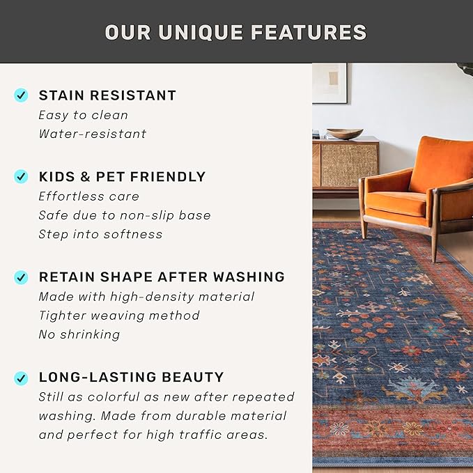 Washable Navy Blue Living Room Rug, 8x10 Area Rug For Bedroom, Dining Room Rugs for Under Table - Low Pile Non-Slip Rubber Backing Stain Resistant Rug - Aethestic Boho Home Decor (8x10 Navy Blue)