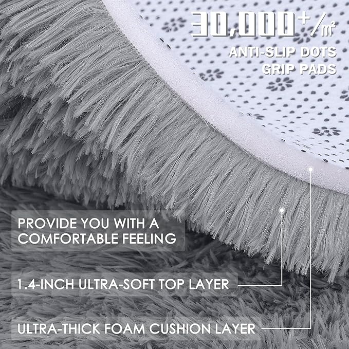 OLANLY Light Grey Round Rugs for Bedroom - Machine Washable, 6 ft Circle Area Rugs for Living Room, Soft and Fluffy Shaggy Carpet for Teen Girls and Boys, Nursery Rooms, Dorms, Home Decor Aesthetic