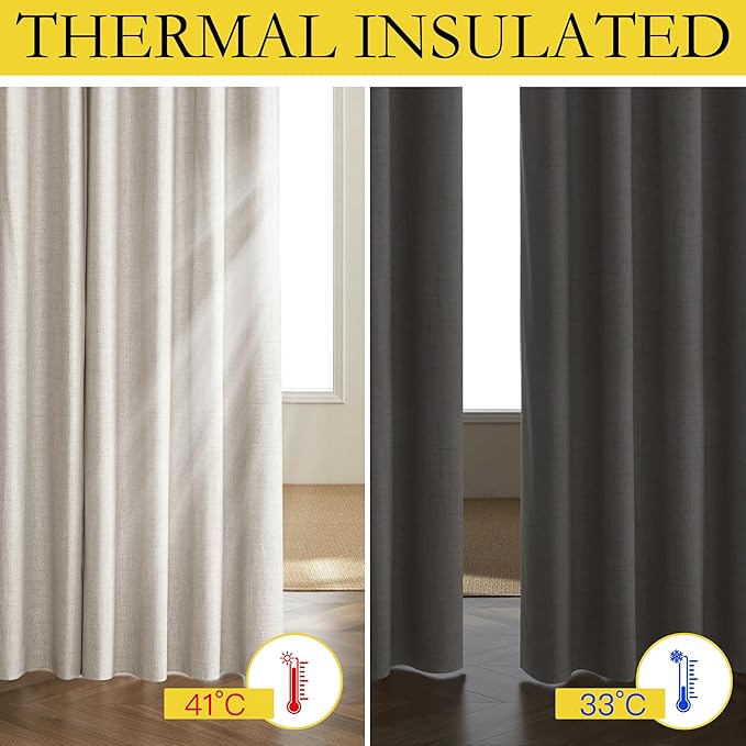 NICETOWN Brich Vintage Open Linen Weave Flax Thermal Curtains, 100% Blackout Curtains 90" Long for Dining Room, Soundproof Window Treatment Drapes for Home Cinema, 52" Wide Per Panel, Set of 2
