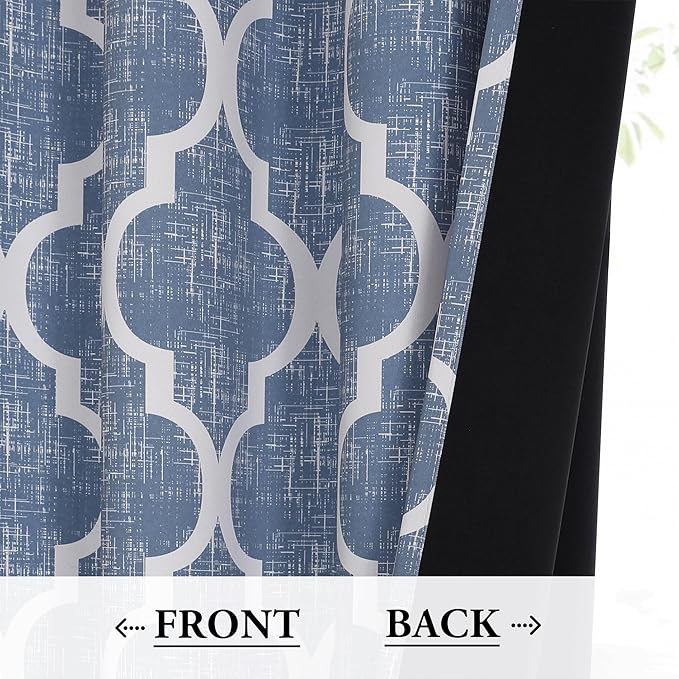 Beauoop 100% Blackout Curtains 45 Inches Long 2 Panels for Bedroom Living Room Blue Moroccan Geo Room Darkening Thermal Insulated Soundproof Grommet Top Window Treatments Drapes, 50x45 Set of 2