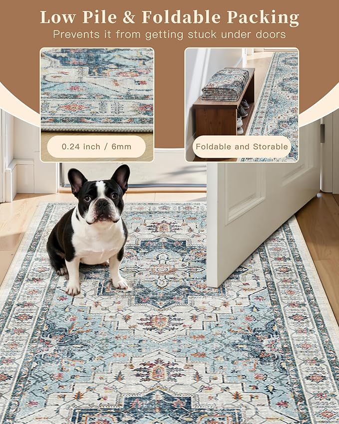 Madane Washable Area Rug 2x3, Small Entryway Rug Non-Slip Vintage Door Mat Indoor Entrance, Low Pile Floor Carpet for Inside Front Door Bedroom Kitchen Entry Laundry (2'x3', Blue)
