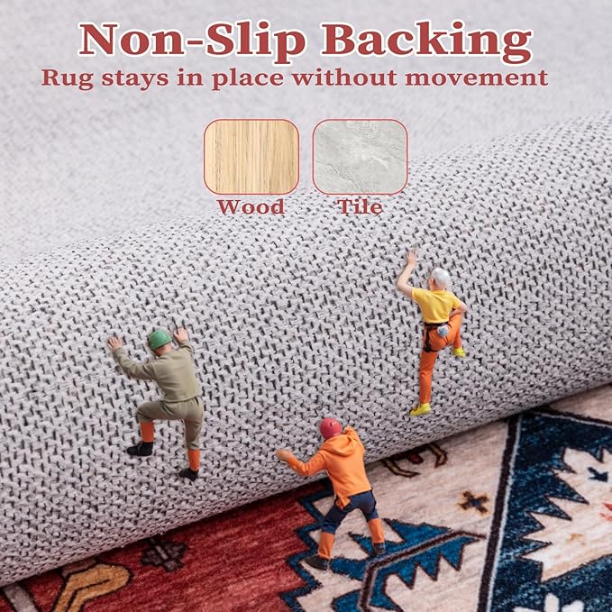 SERISSA Area Rug 3x5 Boho Rugs for Bedroom, Washable Non-Slip Kitchen Rugs, Ultra Soft Print Distressed Tribal Rust Rug Low-Pile Throw Rug Carpet for Entry Bedroom Nursery Living Room Dorm Decor