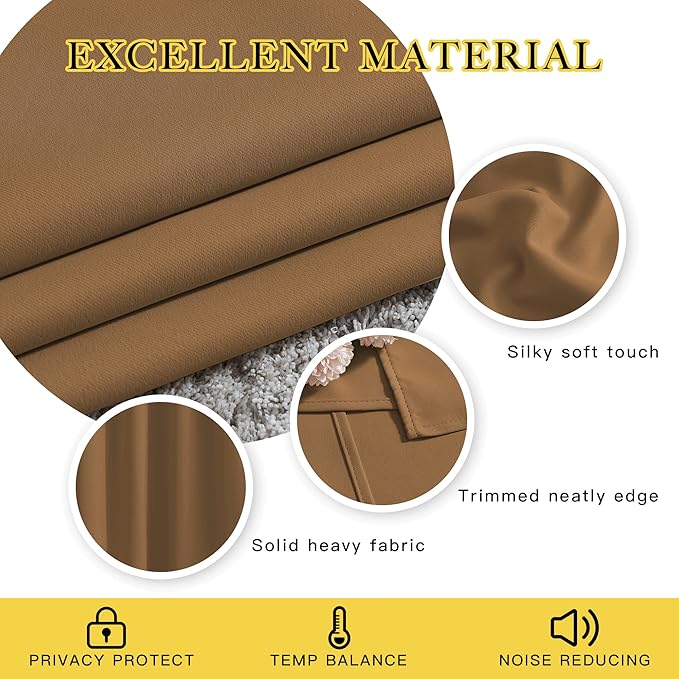 NICETOWN Short Blackout Gold Brown Curtains for Bedroom - Energy Saving Thermal Insulated Solid Grommet Room Darkening Small Window Treatments for Kitchen/Cafe, 2 Panels, W34 x L50