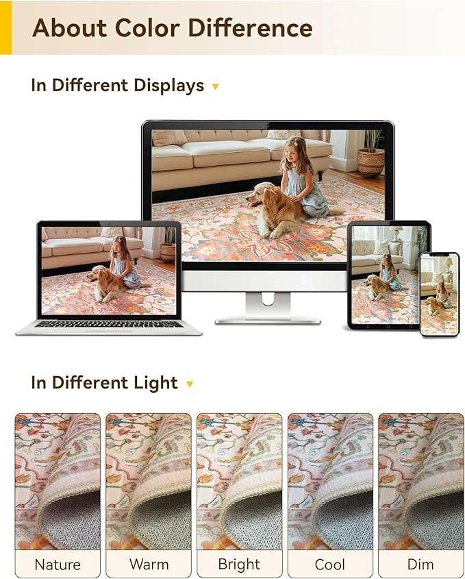 Area Rugs 8ft Washable Non-Slip, Floral Vintage Distress Print Pattern Medallion Carpet for Living Room Bedroom Dining Room, Light Pink Colorful