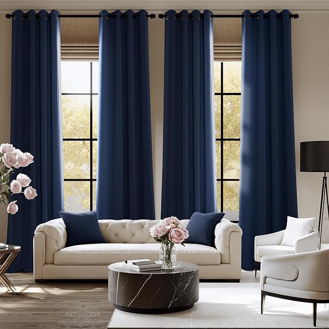 NICETOWN Navy Blue Blackout Draperies Heat Insulated Curtain 95 inch - Extra Long Thermal Insulated Shades for Bedroom, Living Room, Yard, Laundry, Pantry, Garage - 1 Pair, W52 x L95