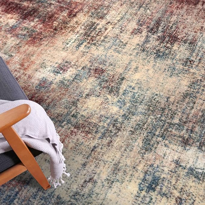 IOHOUZE Abstract Area Rugs 8x10 Ft Washable Large Rugs for Living Room, Non Slip Dining Room Rug, Printed Faux Wool Rugs for Bedroom, Floor Carpet for Office Nursery Playroom, Red/Multi